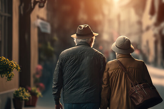 backside of an old couple walking in a city, ai generated