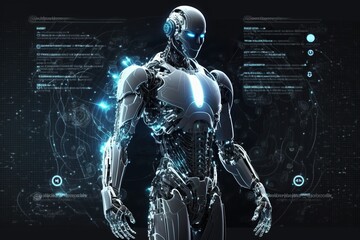 Fototapeta na wymiar white humanoid robot ,Futuristic vector blue hologram on the background ,Futuristic user interface with digital infographics and data charts vector electronic scifi hologram concept,Generative a