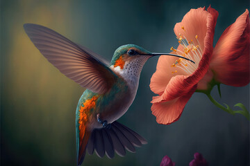 Hummingbird flying next to beautiful flower