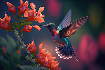 Fototapeta premium Hummingbird flying next to beautiful flower