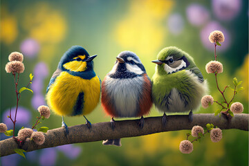 Funny little birds sit on a branch in a spring