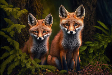 Wild baby red foxes cuddling in the forest