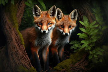 Wild baby red foxes cuddling in the forest