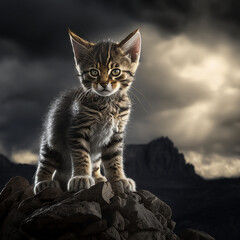 Powerful kitty cat on a mountain top in a storm.