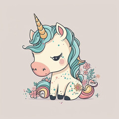 Cute colorful unicorn cartoon illustration. Golden horn. Generative AI
