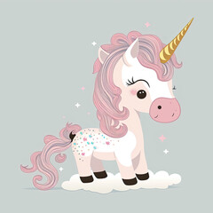 Naklejka premium Cute colorful unicorn cartoon illustration. Golden horn. Generative AI