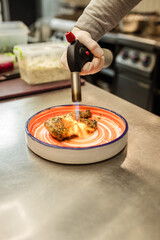 chef frying meat with a gas burner, in his kitchen in a restaurant