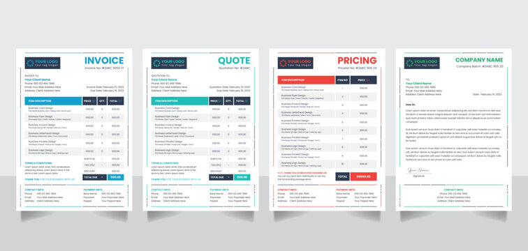 Creative Business Invoice Quotation Pricelist Letterhead Form Design Template Vector