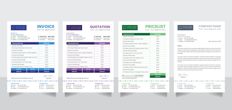 Creative business invoice quotation pricelist letterhead form design template vector