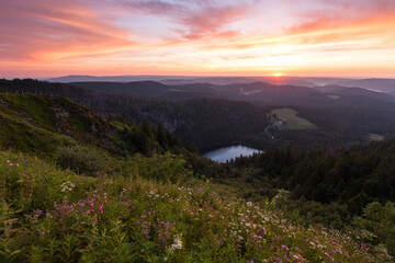 Lookout Feldberg. View of the mountain lake Feldsee. Black Forest in Southwest Germany.