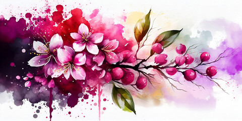 Floral watercolor background. Blooming cherry branch. Seasonal backdrop with flowers. Spring time. Vivid Magenta color. Sakura flower. Generative AI. 