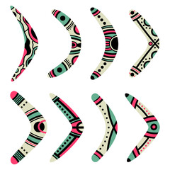 Obraz premium Cartoon australian boomerangs. Aboriginal curved wooden traditional boomerang souvenir, australian native hunting weapon flat vector illustration set on white background