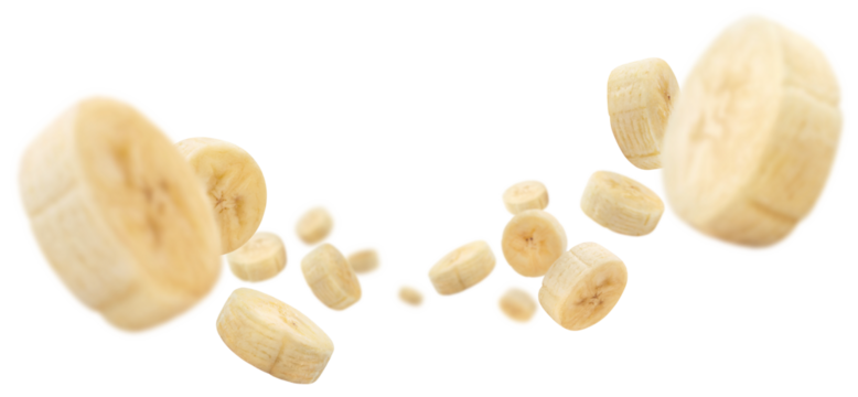 Flying delicious banana slices cut out