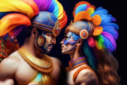 Couple of men flirting sensual near passionate kiss in black background. illustration of couple of lovers with carnival masks and rainbow multicolor wigs looking face to face