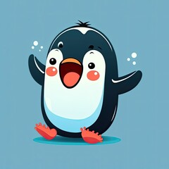 Fototapeta premium Funny cute baby penguin on a blue background. Illustration of a funny childish character. Generative AI