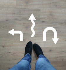 Wohin wird es gehen? Zwei Füße vor dem ersten Schritt in eine Richtung - obrazy, fototapety, plakaty