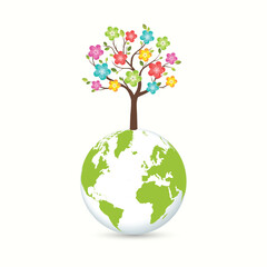 Ecology concept to save the planet. A paper tree with green leaves and colorful, vibrant flowers growing on a globe.