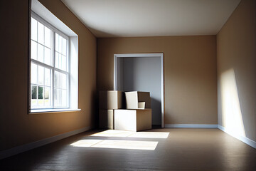 Umzug in eine neue Wohnung oder einen neuen Haus. Umzugskartons stehen in einem leeren Raum - Generative Ai