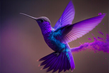 Obraz premium Abstract illustration of colibri bird in cosmic space. Glowing fantasy background. Holi powder