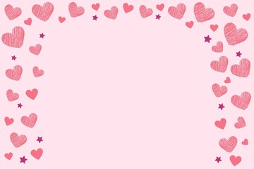 pink empty background decorated with heart doddles on the borders. pink decorated background or card