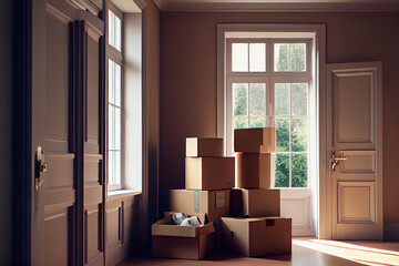 Umzug in eine neue Wohnung oder einen neuen Haus. Umzugskartons stehen in einem leeren Raum - Generative Ai