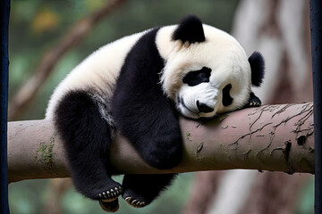 Lazy Panda Bear Sleeping on a Tree Branch