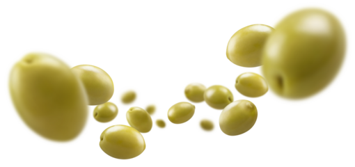 Flying delicious green olives cut out