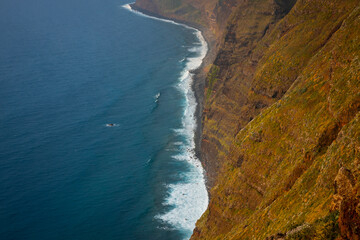 S&atilde;o Louren&ccedil;o , a drone view of the landscape and a cliff rising above the ocean, where you can see the folds,