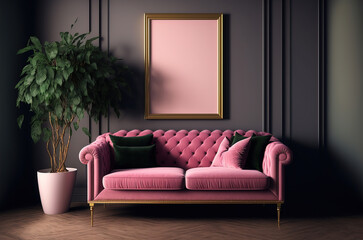 A pink sofa in a beautiful room with a blank frame, copy space.