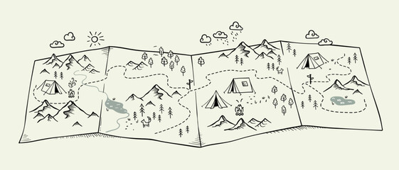 Obraz premium Cute hand drawn map with mountains, tents, trees, hills. 3d illustrated landscape, adventure - great for banners, wallpapers, cards.
