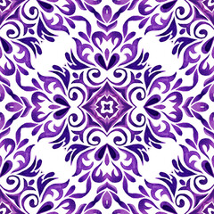 Florishes purple and white hand drawn tile seamless ornamental watercolor paint pattern. Gorgeous damask background. Handdrwn tiling mosaic.