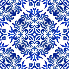 Floral blue and white hand drawn tile seamless ornamental Gorgeous damask background watercolor paint pattern.