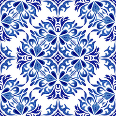 Florishes blue and white hand drawn tile seamless ornamental watercolor paint pattern. Gorgeous damask background. Poruuguese tiling mosaic.