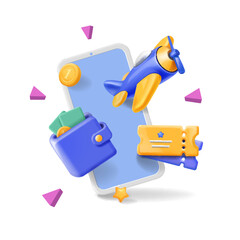 Phone with airplane. Travel concept. Ticket for flight, retro plane. Payment online via mobile wallet. realistic 3d Vector illustration