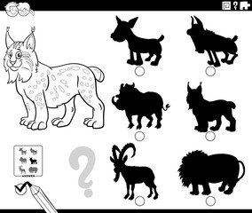 shadow game with cartoon lynx animal character coloring page