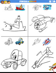 drawing and coloring worksheets set with comic vehicles
