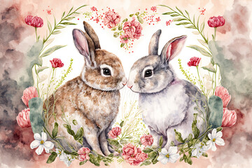 Watercolor Happy Easter illustration with bunnies looking at each other for greeting card or invitation. Generative AI