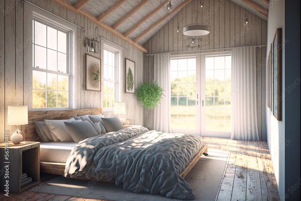 Poster a bedroom with a bed and two windows in it and a table with a lamp next to it and a lamp on the side