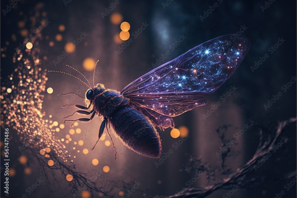 Aufkleber a bug that is sitting on a tree branch in the night sky with a lot of lights in the background and a