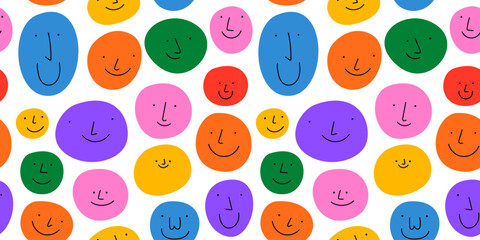 Diverse colorful people faces seamless pattern illustration. Multi color happy cartoon characters in funny children doodle style. Friendly community or kid group smiling background print.