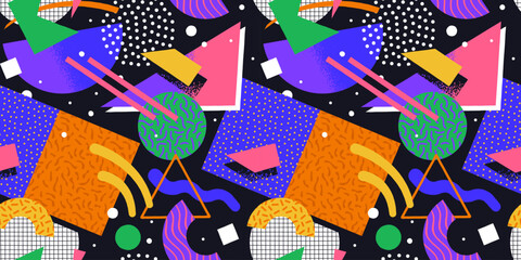 Colorful 90s style geometric shape seamless pattern. Trendy flat cartoon illustration background with retro decoration. Nostalgic zig zag lines, triangle element wallpaper, 80s fashion texture print.