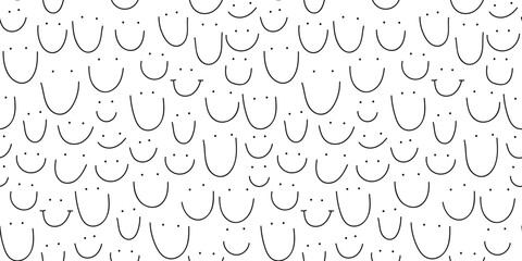 Simple people faces smile seamless pattern illustration. Black and white happy cartoon characters in funny children doodle style. Friendly community or kid group smiling background print.