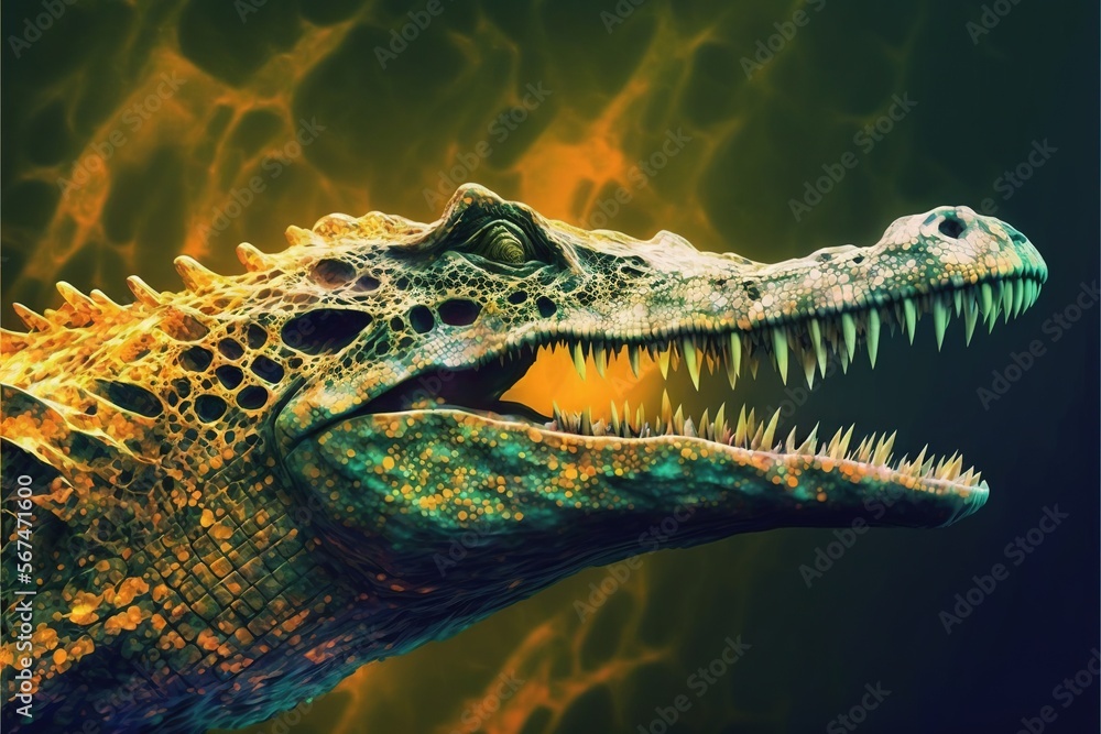 Poster a close up of a dinosaur's head with a fire background in the background and a black background in t