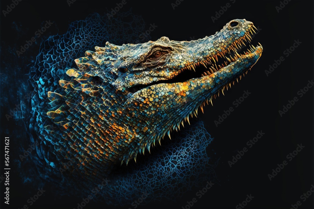 Poster a close up of a crocodile's head with a black background and a blue background with a black backgrou