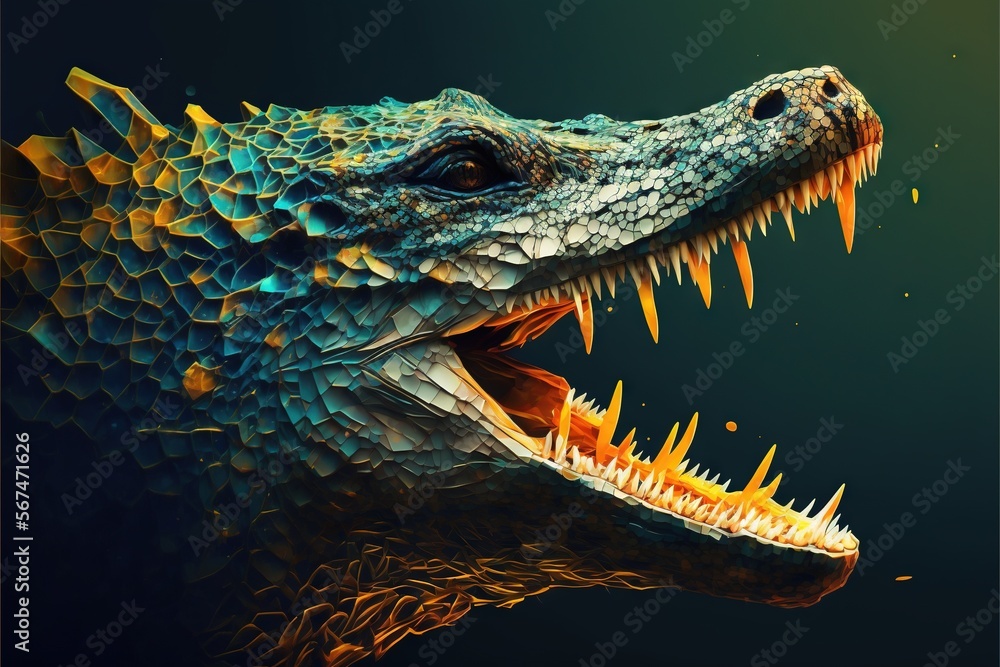Poster a close up of a dragon's head with its mouth open and sharp teeth showing, with a black background a
