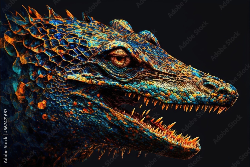 Poster a close up of a dragon's head with its mouth open and sharp teeth exposed to the side, against a bla