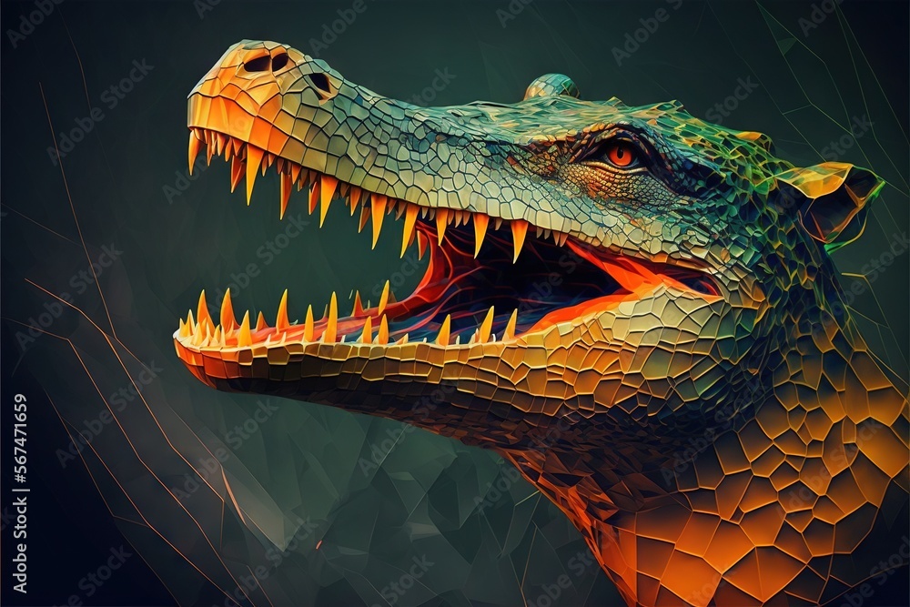 Poster a digital painting of a large alligator with its mouth open and sharp sharp teeth, on a black backgr
