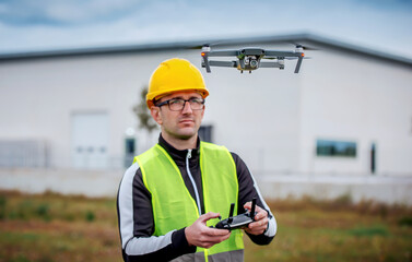 Engineer with flying drone. Concept of cybernetics and robotics