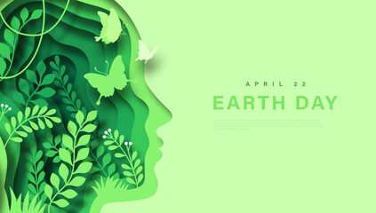 Earth day april 22 paper cut web template illustration. Green papercut people head with nature environment inside. Modern 3d cutout design concept of human growing plant leaf and butterfly.