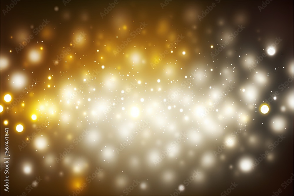 Poster a blurry image of a yellow and white light with stars in the background and a black background with 